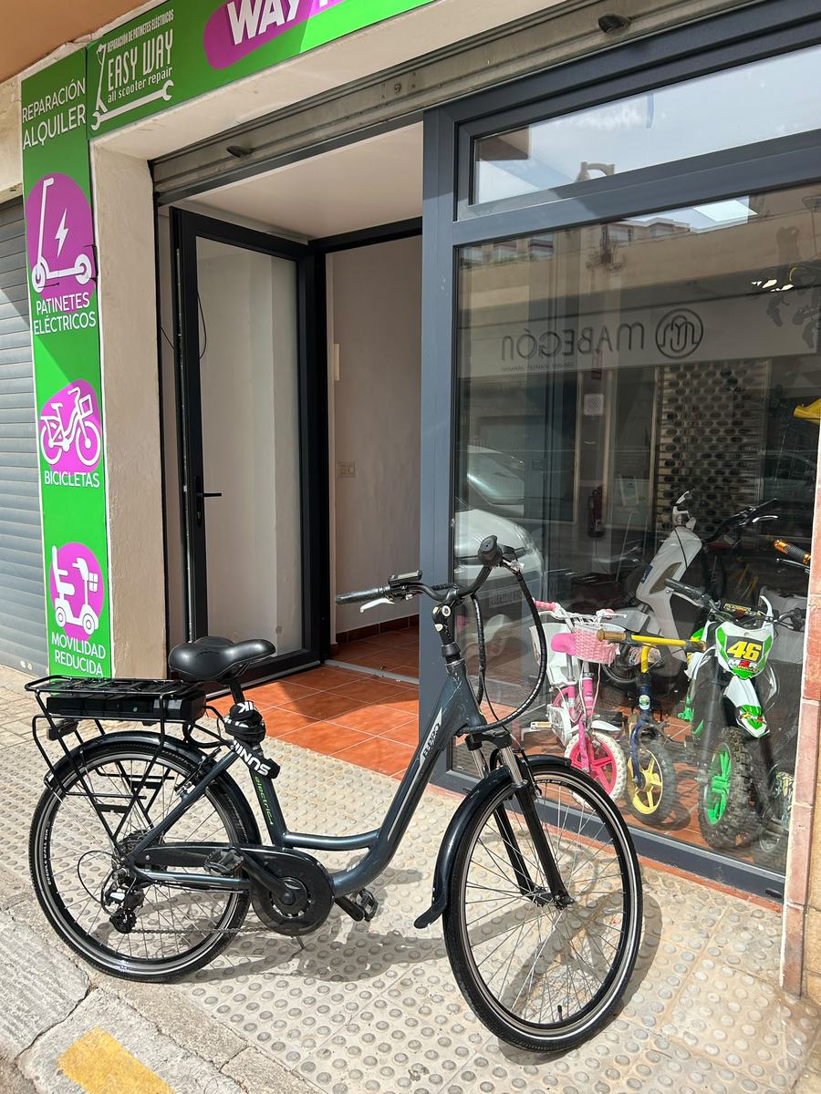 E-bike de paseo de cuadro bajo con portaequipajes, aparcada frente a la tienda